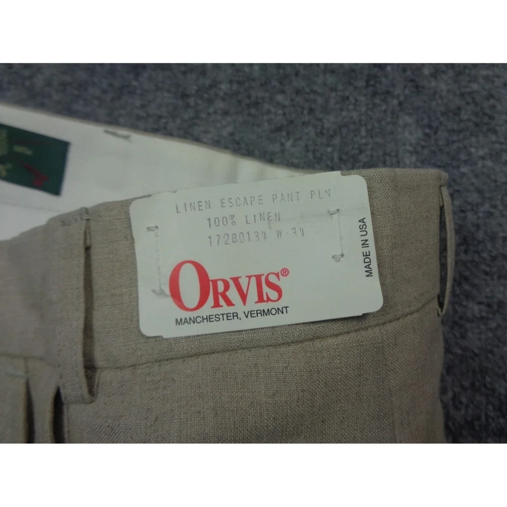 Vtg ORVIS Trouser Pants Mens 34 Beige 100% Linen Summer Classic Unhemmed NWT